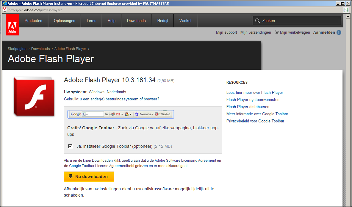 2 INTERNET EXPLORER 7/8 Klik op de link: Ga naar de Flash installatie pagina Deze link brengt u naar het download gedeelte van de Adobe website.