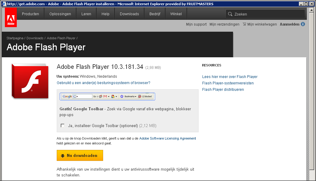 3 INTERNET EXPLORER 6 Klik op de link: Ga naar de Flash installatie pagina Deze link brengt u naar het download gedeelte van de Adobe website.