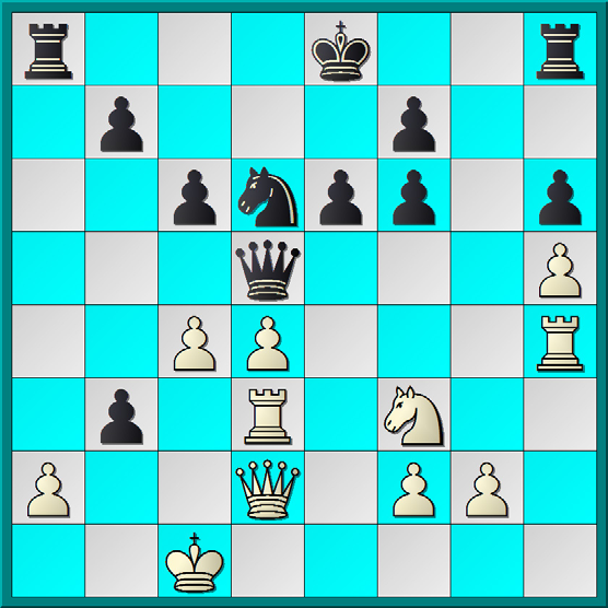 op h4 niet mogelijk was. 11...e6 12.Lf4 Ld6 13.Lxd6 Dxd6 14.Pe4 De7 15.0-0-0 Pgf6 16.Pxf6+ 16.c4 kwam hier ook in aanmerking. 16...gxf6! Na 16...Pxf6 17.