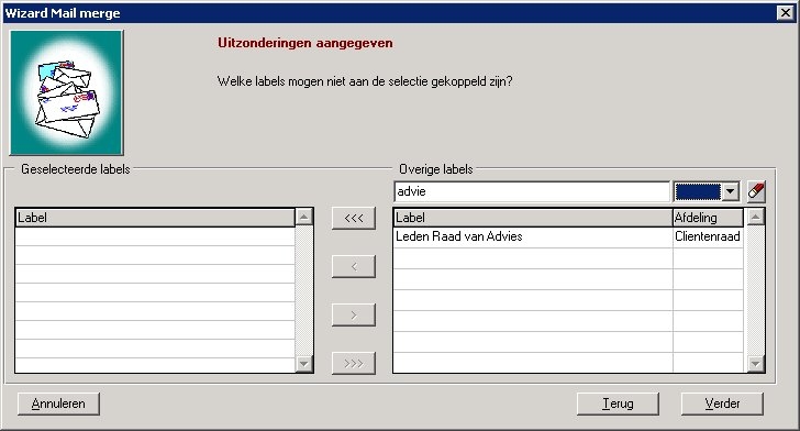 Nadat er minimaal één label in de selectie zit wordt de knop 'Verder' zwart en kunt u verder in de MailMerge Wizard.