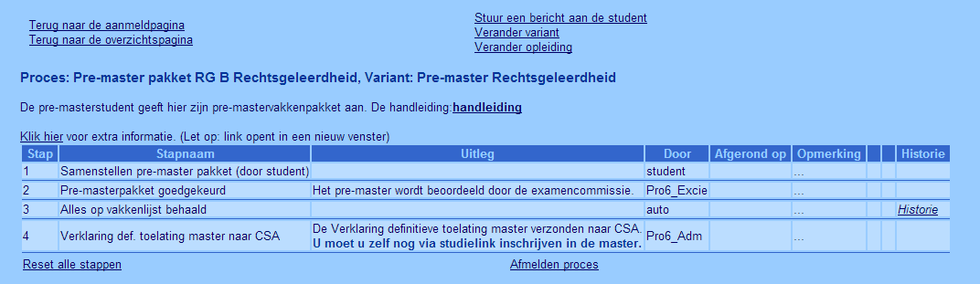 opleiding of Verander variant. screenshot 5 Er wordt een overzicht getoond van de stappen welke doorlopen moeten worden in het proces. Naast de naam van het proces staat een korte uitleg.