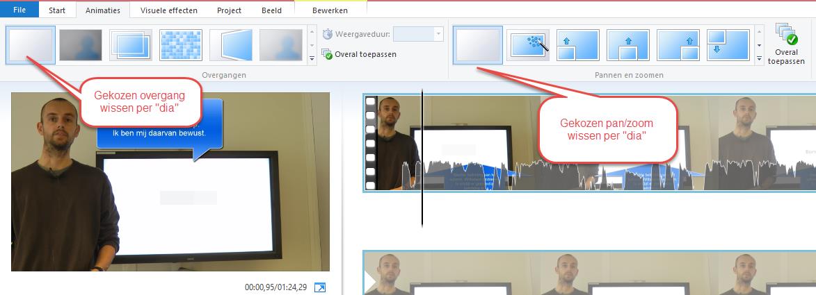 3.9 Animaties: Effecten en in/uitzoomen Wanneer we een thema toepassen op ons project, worden alle overgangen en zoomeigenschappen automatisch gekozen door Movie Maker.