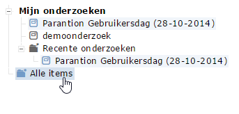 Tabel 13: Linticonen bij de module Itembeheer Figuur 63: Items in een tree In de basisfunctie Itembeheer wordt linksboven een tree getoond met als inhoud: Alle items Vragenlijst of onderzoek