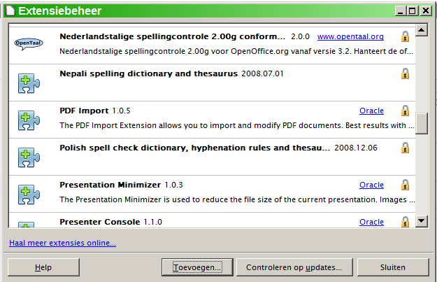 Functies toevoegen door middel van extensies Een extensie is een pakketje code dat in LibreOffice geïnstalleerd kan worden om een nieuwe functionaliteit toe te voegen.