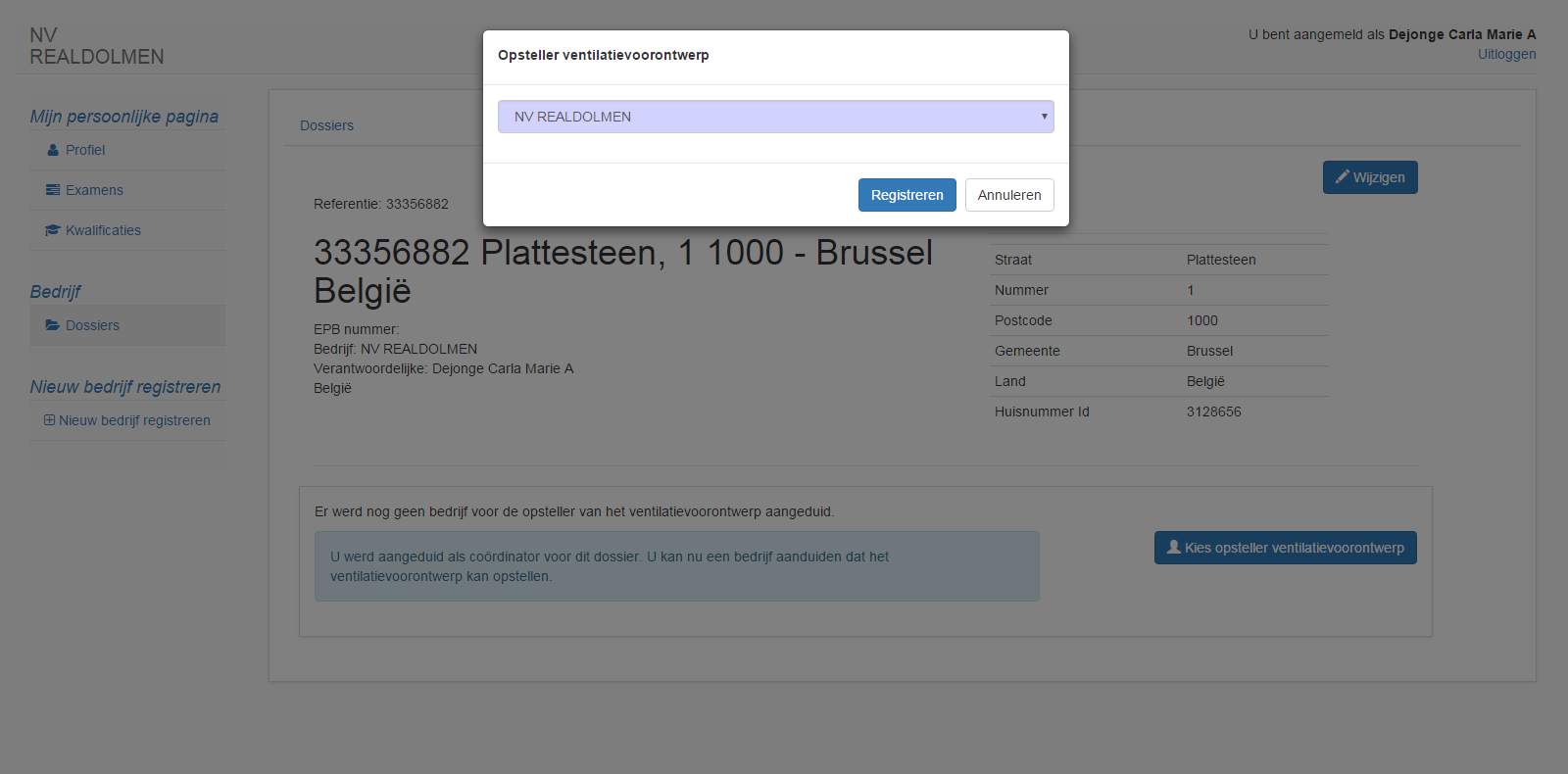 3) Selecteer het bedrijf dat het ventilatievoorontwerp van het dossier moet opstellen en klik op de knop Registreren.