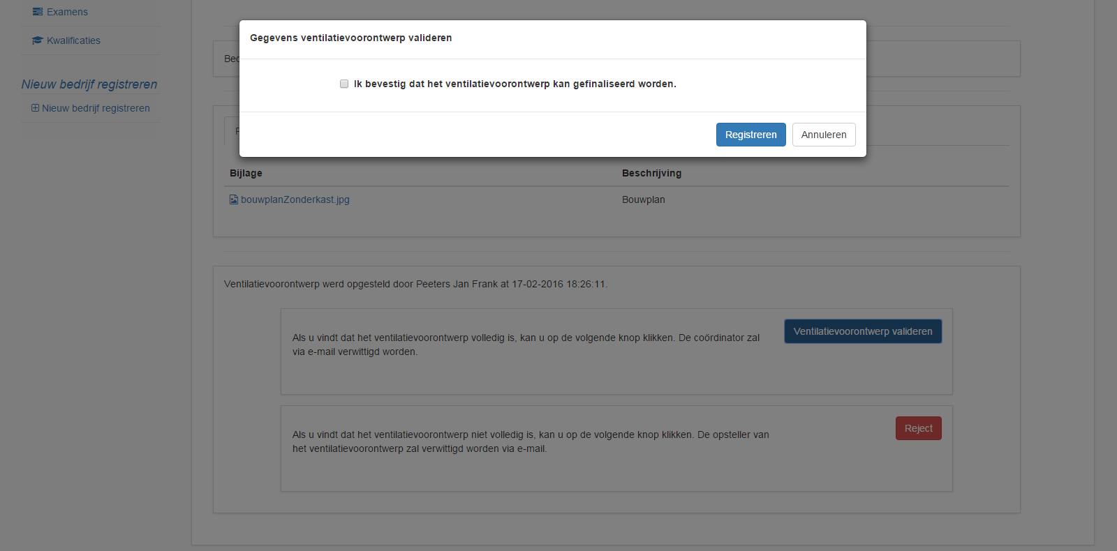 3) Bevestig dat het ventilatievoorontwerp gefinaliseerd kan worden en klik op de knop Registreren.