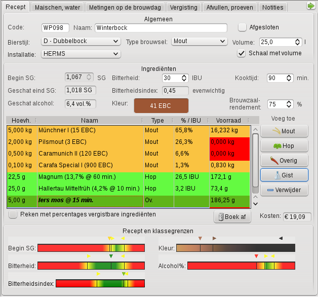 Recept of brouwsel samenstellen Merk op dat alle typen ingrediënten een andere achtergrondkleur hebben voor een sneller overzicht.