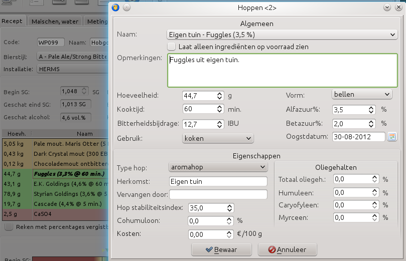 Automatische hopveroudering Hier is een fuggles hop gebruikt met een initieel alfazuurpercentage van 3,5%. Door veroudering is deze op de brouwdag 3,3% geworden.