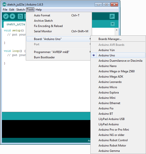 12. appendix A: Arduino IDE configureren Je moet altijd controleren of het juiste Arduino bord en de juiste USB poort zijn ingesteld