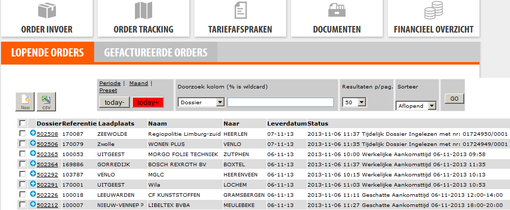 ORDER TRACKING Via de knop krijgt u een overzicht van alle zendingen te zien. Hierachter staat de status van de zendingen.