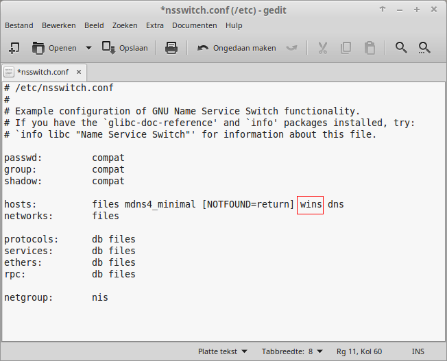 3. Open en bewerk het bestand /etc/nsswitch.conf: $ sudo gedit /etc/nsswitch.