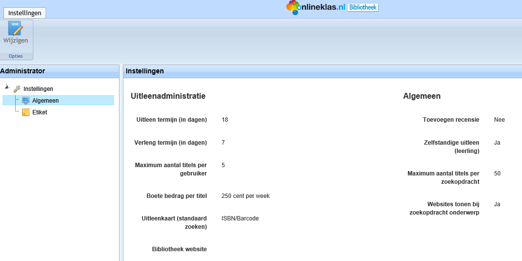 p a g i n a 35 8 Administrator De bibliotheek module heeft een apart onderdeel Administrator voor systeem instellingen zoals uitleentermijn of welke naam tonen (eigendom van) op het etiket.