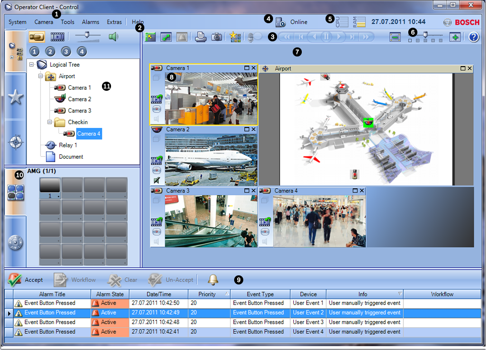 Bosch Video Management System Gebruikersinterface nl 43 11 Gebruikersinterface Dit hoofdstuk bevat informatie over alle vensters die beschikbaar zijn in de Operator Client van Bosch Video Management
