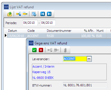 Het volstaat te dubbelklikken op de betreffende lijn in het scherm van Lijst VAT refund om directe toegang te krijgen tot de VAT refund