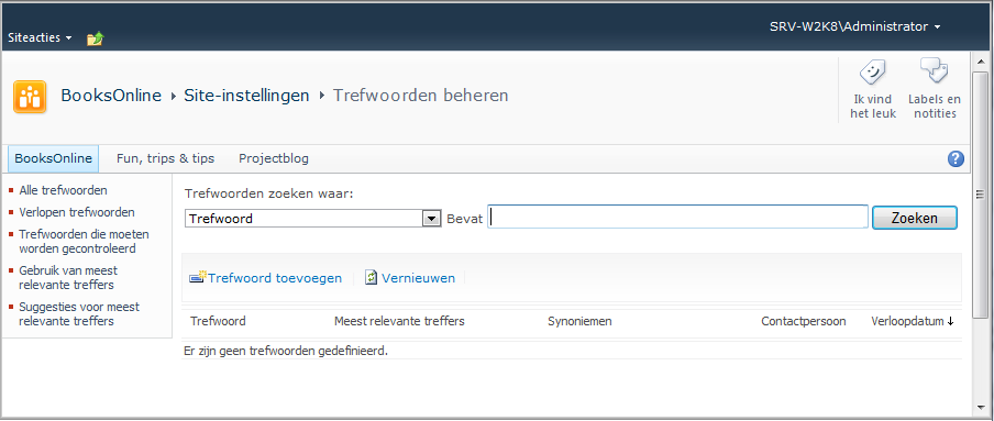 Afbeelding 3 Uitsnede van het snelmenu bij Web Analytics-rapporten voor siteverzamelingen. Afbeelding 4 Beheer van trefwoorden.