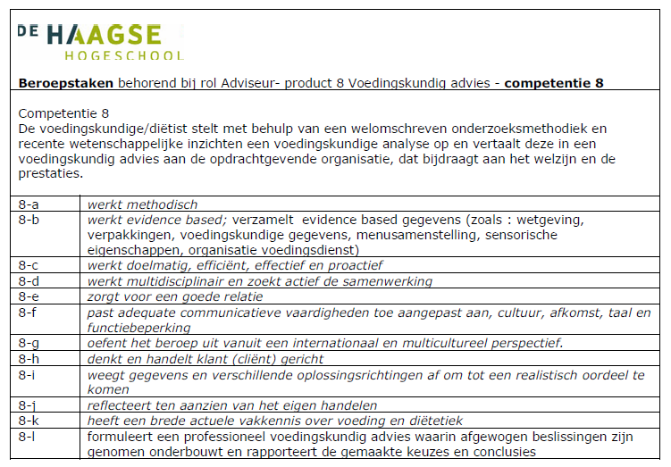 Doelstellingen bij het beroepsrol manager voeding: - Tijdens mijn afstudeerstage zal ik beslissingen afwegen volgens het plando-check-act en zal ik mijn keuzes onderbouwen en rapporteren.