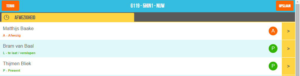 8. Als u op het symbool > behorende bij een lesgroep klikt verschijnt een venster met een overzicht van alle leerlingen in die lesgroep met daarachter een groene P (present).