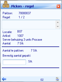 Na bevestiging van het gepakte aantal (en optioneel een serienummer / partij / THT) wordt de volgende regel van de