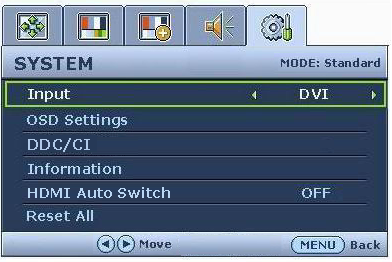 Menu SYSTEM (SYSTEEM) 1. Druk op de MENU-toets om het hoofdmenu te openen. 2. Druk op de toetsen of om SYSTEM (SYSTEEM) te selecteren en druk op de ENTER-toets om het menu te openen. 3.