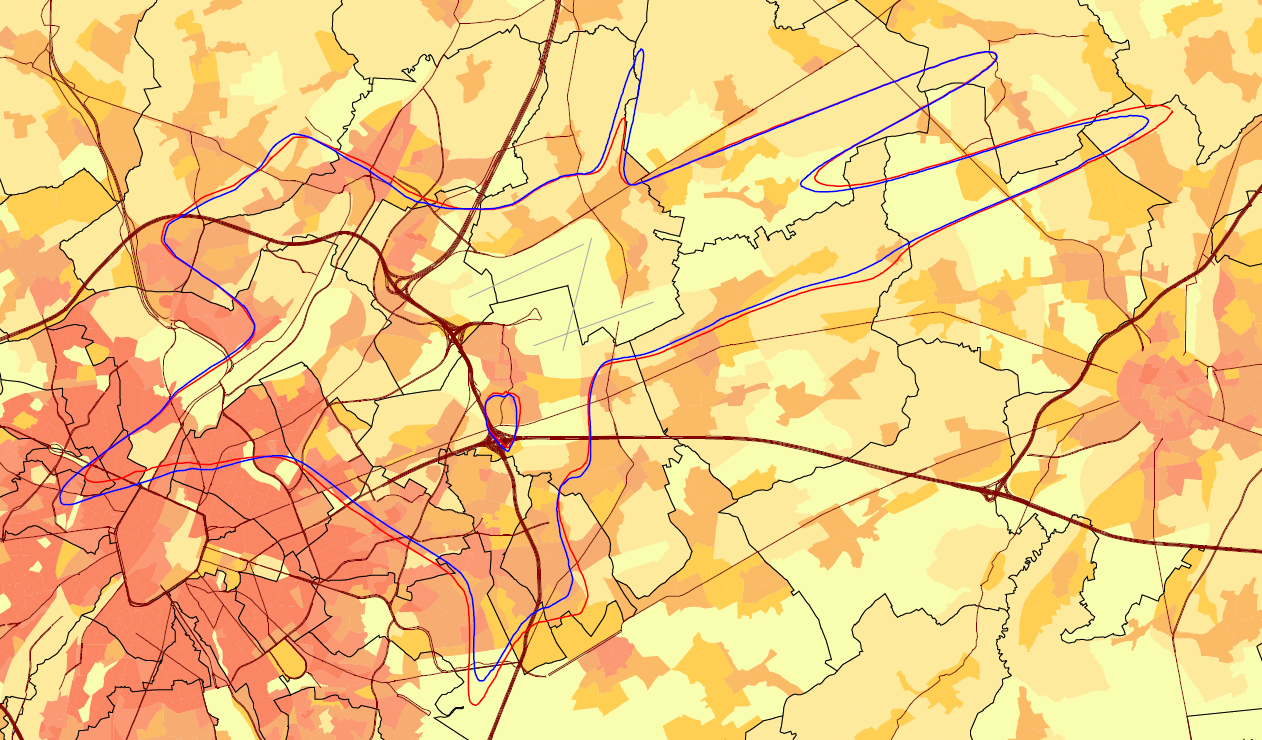Figuur 7 L evening -geluidscontouren van 50 db(a) rond Brussels Airport voor 2011 (rood) en 2012 (blauw) 4.