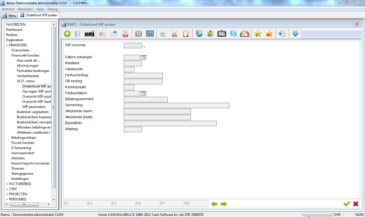 Onderhoud WIF-posten In de functie 'Onderhoud WIF-posten' voert u de gegevens van de, nog niet goedgekeurde en dus nog niet definitieve, factuur in.
