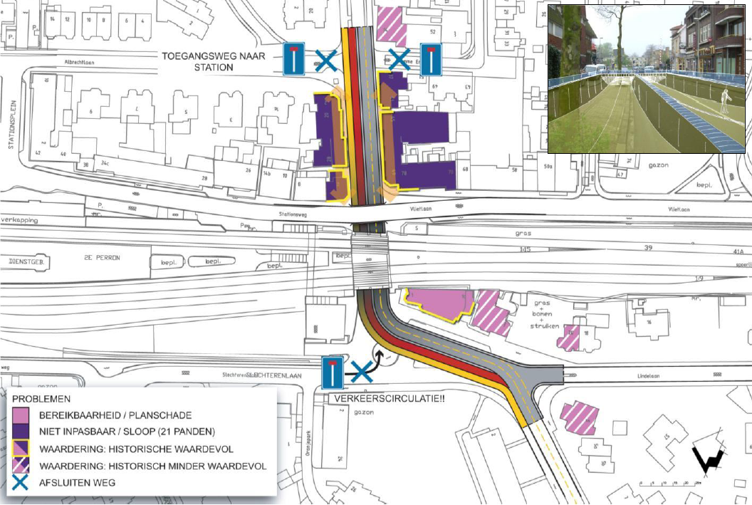 Van alle overwegen is alleen bij de Cort van der Lindenlaan een gecombineerde tunnel haalbaar. In voorgaande afbeelding is dit geschetst.