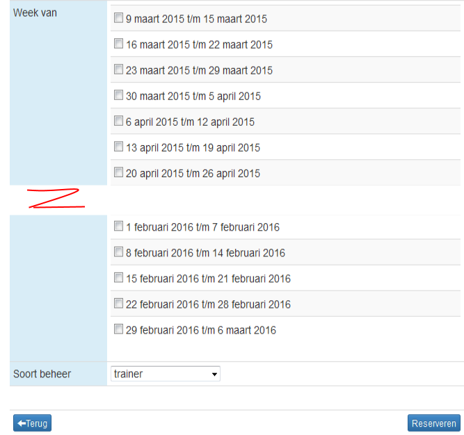 Door dagen, starttijd, eindtijd, banen, weken en soort beheer (trainer, groundsman, toernooi, competitie, racketmix, baan onbespeelbaar, verhuur, overig) te kiezen, kun je banen reserveren.