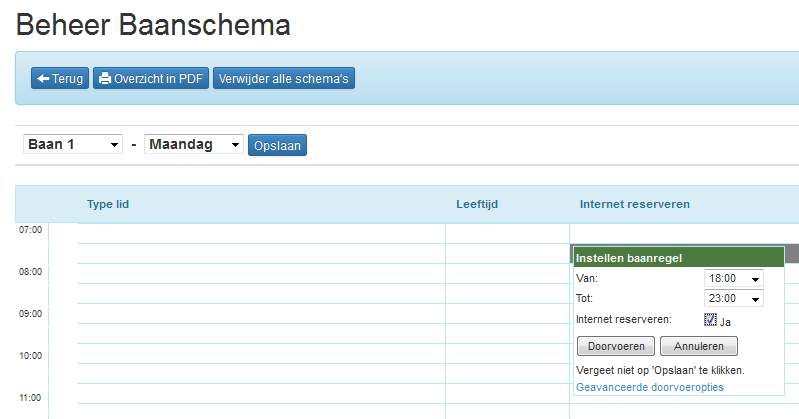 Let op! De regels onder Beheer baanschema in de kolom Internet reserveren betreffen een activering. Dus je geeft aan welke banen op welke dagen en tijden via internet gereserveerd mogen worden.