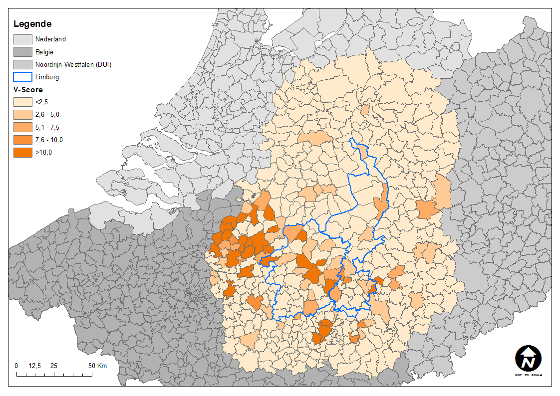 Figuur 7 V-Score voor alle gemeenten binnen het analysegebied voor transport van/naar de Haven van Antwerpen Figuur 8, voor de containerstromen van/naar de Haven van Rotterdam, toont een veel minder