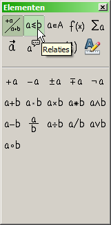 Afbeelding 9. Helptip die de knop Relaties aangeeft. Afbeelding 10. Na het selecteren van Relaties. Stap 4: Klik op het symbool. De formule-editor geeft nu de opmaak %pi<?> simeq <?> weer.