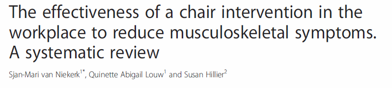 Authors conclusions: consistent trend that supports the role of a chair intervention to reduce MS symptoms among workers who are