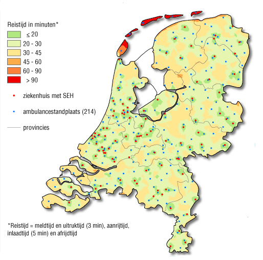 gesloten is (Nationaal Kompas 2012f; Van Steenwijk e.a. 2010). Figuur 3.7 toont de spreiding van ziekenhuislocaties met een SEH en ambulancestandplaatsen. Figuur 3.7: locaties spoedeisende hulpposten in Nederland (situatie 2011) Bron: Nationaal Kompas, 2012f.