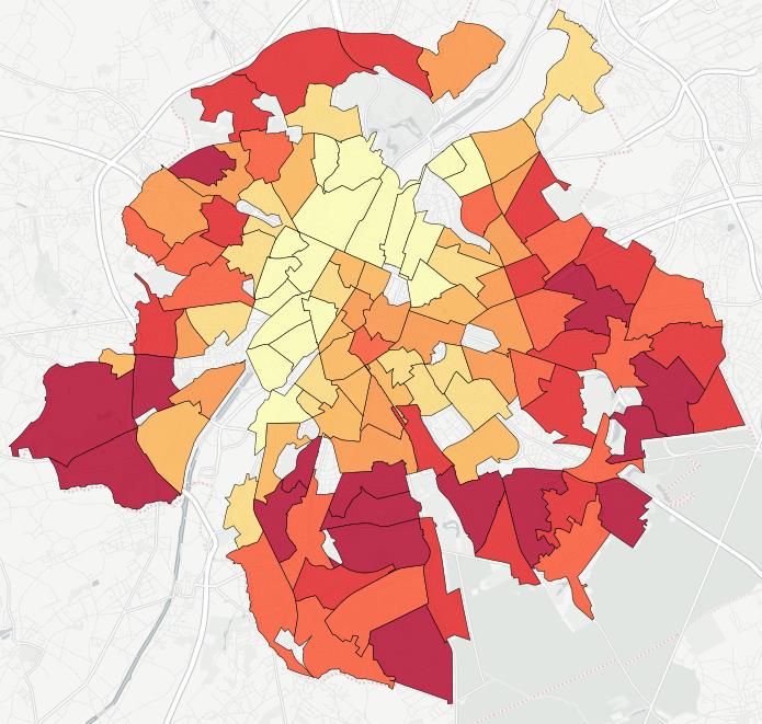 Figuur 1. Gemiddelde leeftijd in Brussel op wijkniveau (Bron: BISA, 2013). De blinde vlekken op de kaart zijn wijken waarover geen detailinformatie beschikbaar is.