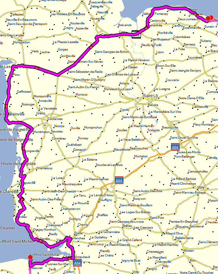 Route 2 Omaha Beach Mont St. Michel 183 km. Nog 8135 km. rijden. Beschrijving route 2: Op 87 km. Le Havre De Blainville (Rechts, Haven) Nog 96 km. Op 95 km.