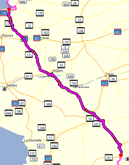 Route 3 Mont St. Michel Ouradure 425 km. Nog 7952 km. rijden. Beschrijving route 3: Op 175 km.