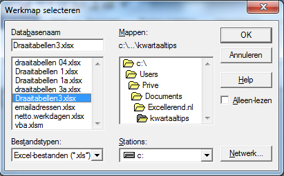 Excel komt dan eerst met een venster waarin je moet aangeven uit wat voor soort tabel je de gegevens haalt.