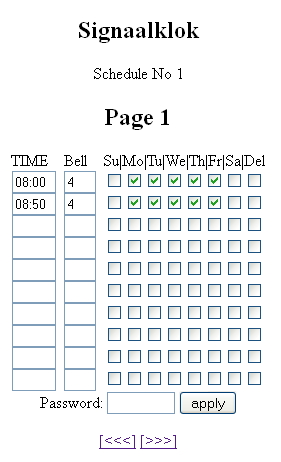 In dit voorbeeld gaat de signaalklok om 8:00 een bel signaal 4 en om 8:50 weer, zo vult u zelf de rest tijden in. Dit geld voor page 1,page 2, page 3 en page 4 afhankelijk hoeveel tijden u invult.