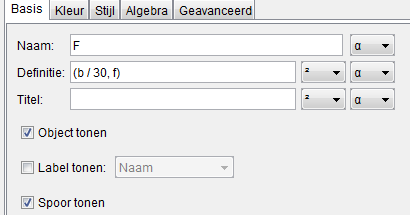 Teken in de nabijheid van (0, 0) een punt. Ga op het punt staan en gebruik de rechtermuisknop. Kies dan eigenschappen. Verander de coördinaten in (b/30, e) *).