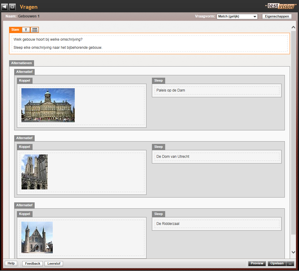 4.3 Voorbeelden en tips Een gelijke matchvraag ziet er in het onderdeel Vraagconstructie van TestVision Online als volgt uit: Het is belangrijk dat u een duidelijke instructie geeft over hoe de