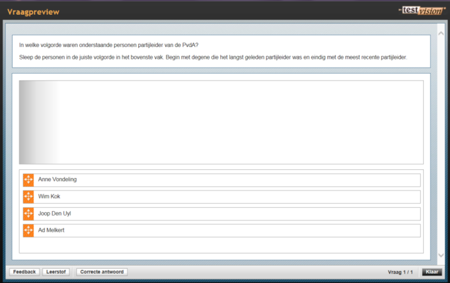 3.3 Voorbeelden en tips Een rangschikvraag ziet er in het onderdeel Vraagconstructie van TestVision Online als volgt uit: Het is belangrijk dat u een duidelijke instructie geeft over hoe de kandidaat