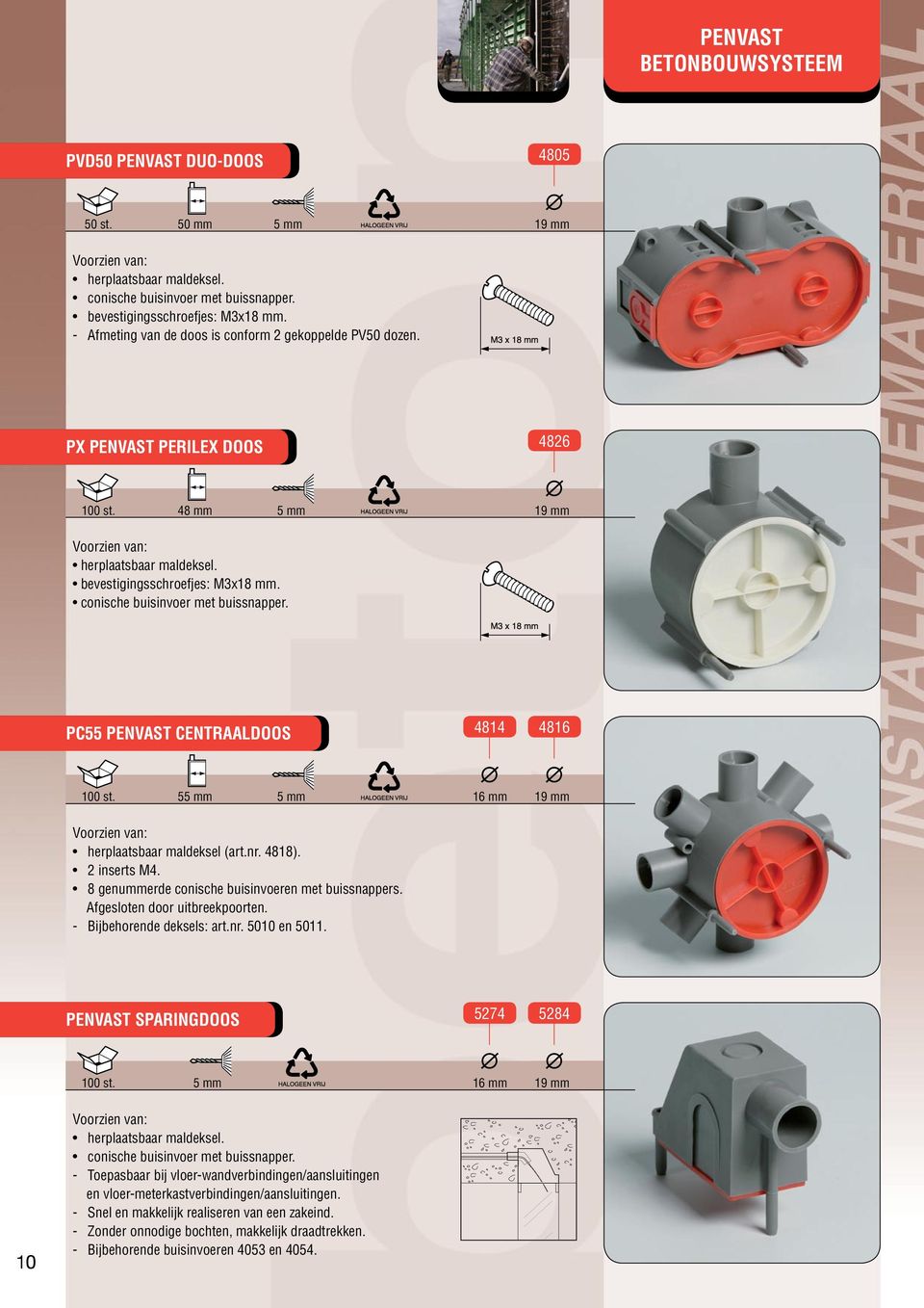 conische buisinvoer met buissnapper. PC55 PENVAST CENTRAALDOOS 4814 4816 100 st. 55 mm 5 mm 16 mm 19 mm Voorzien van: herplaatsbaar maldeksel (art.nr. 4818). 2 inserts M4.