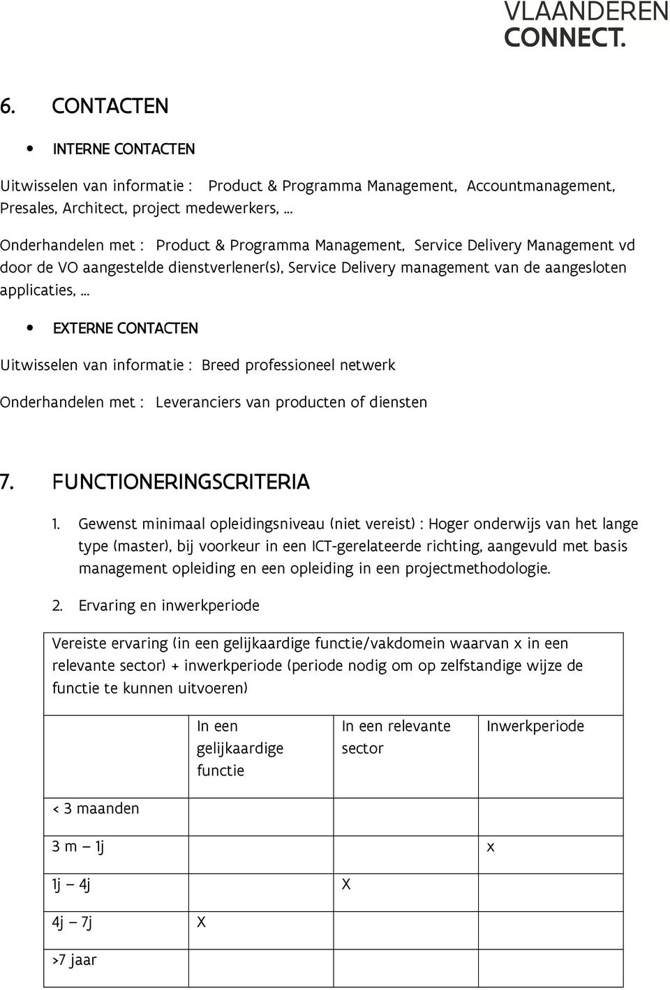 professioneel netwerk Onderhandelen met : Leveranciers van producten of diensten 7. FUNCTIONERINGSCRITERIA 1.