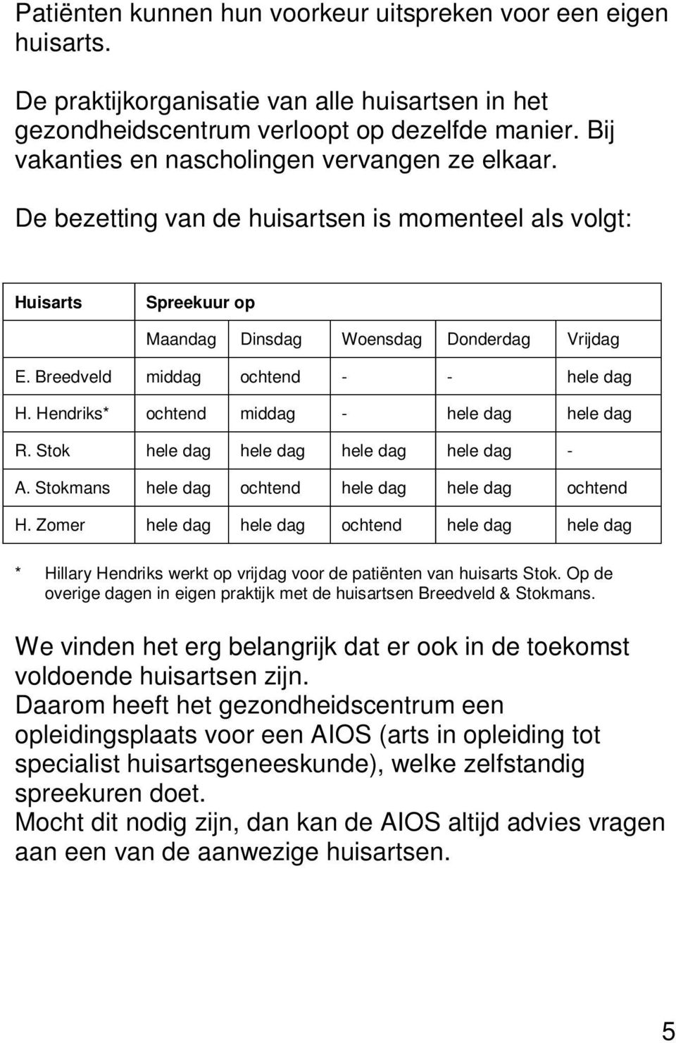 Breedveld middag ochtend - - hele dag H. Hendriks* ochtend middag - hele dag hele dag R. Stok hele dag hele dag hele dag hele dag - A. Stokmans hele dag ochtend hele dag hele dag ochtend H.