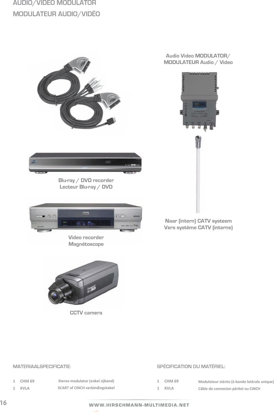 camera MATERIAALSPECIFICATIE: SPÉCIFICATION DU MATÉRIEL: 1 CHM 69 1 KVLA Stereo modulator (enkel zijband) SCART of