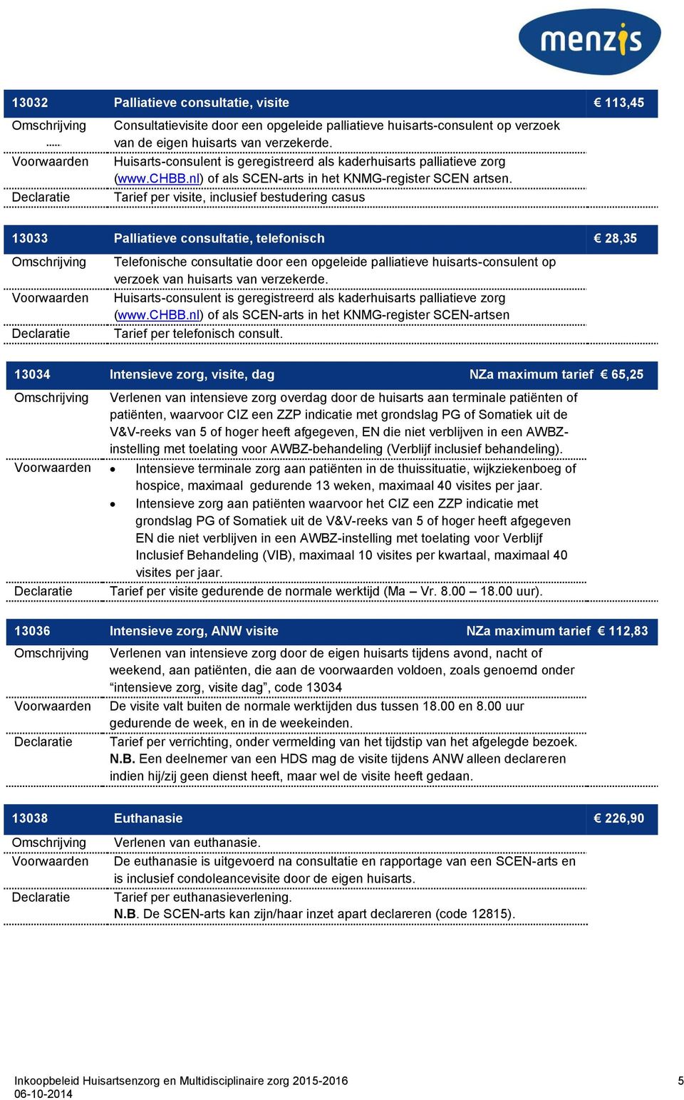 Tarief per visite, inclusief bestudering casus 13033 Palliatieve consultatie, telefonisch 28,35 Telefonische consultatie door een opgeleide palliatieve huisarts-consulent op verzoek van huisarts van