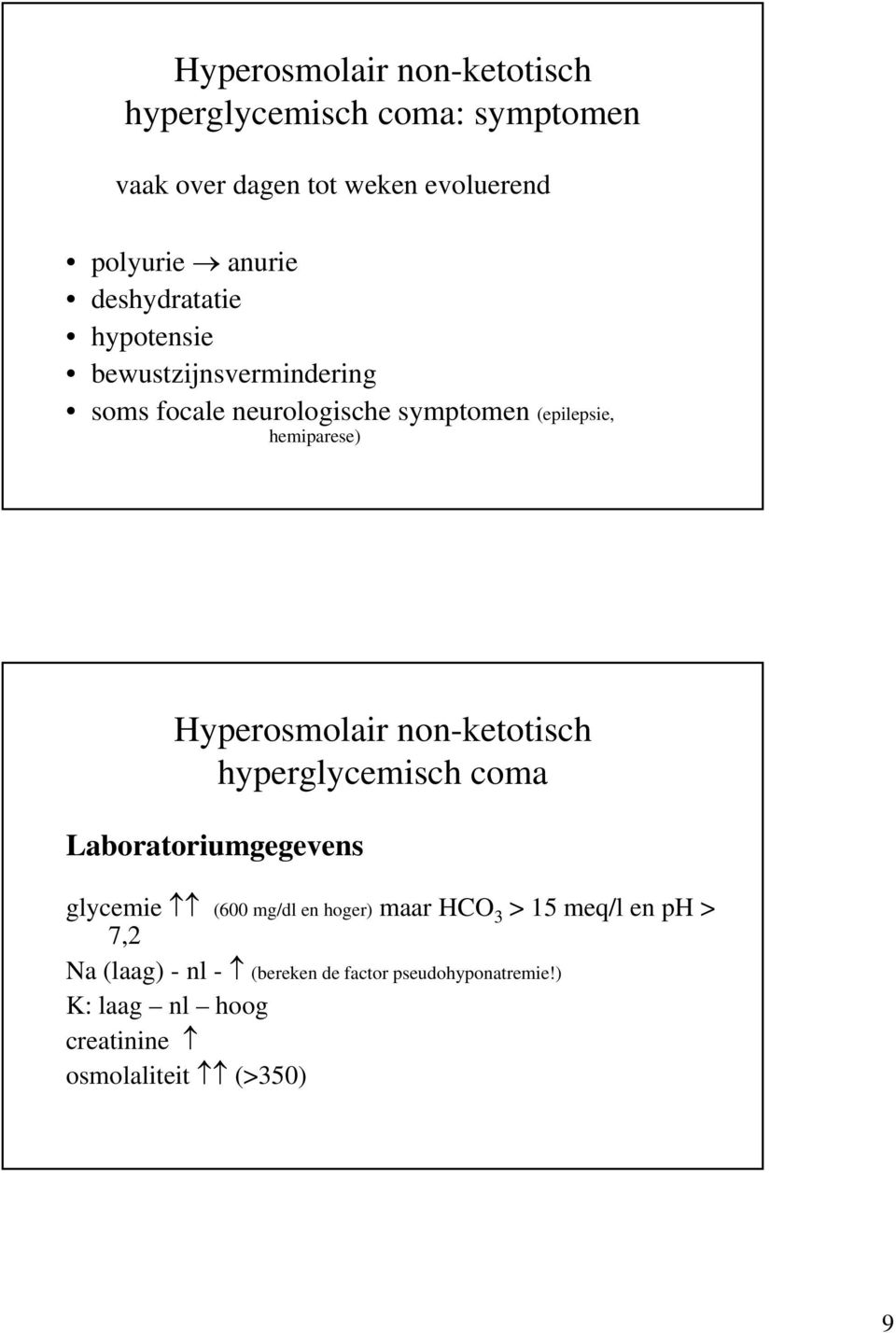 Hyperosmolair non-ketotisch hyperglycemisch coma Laboratoriumgegevens glycemie (600 mg/dl en hoger) maar HCO 3 > 15