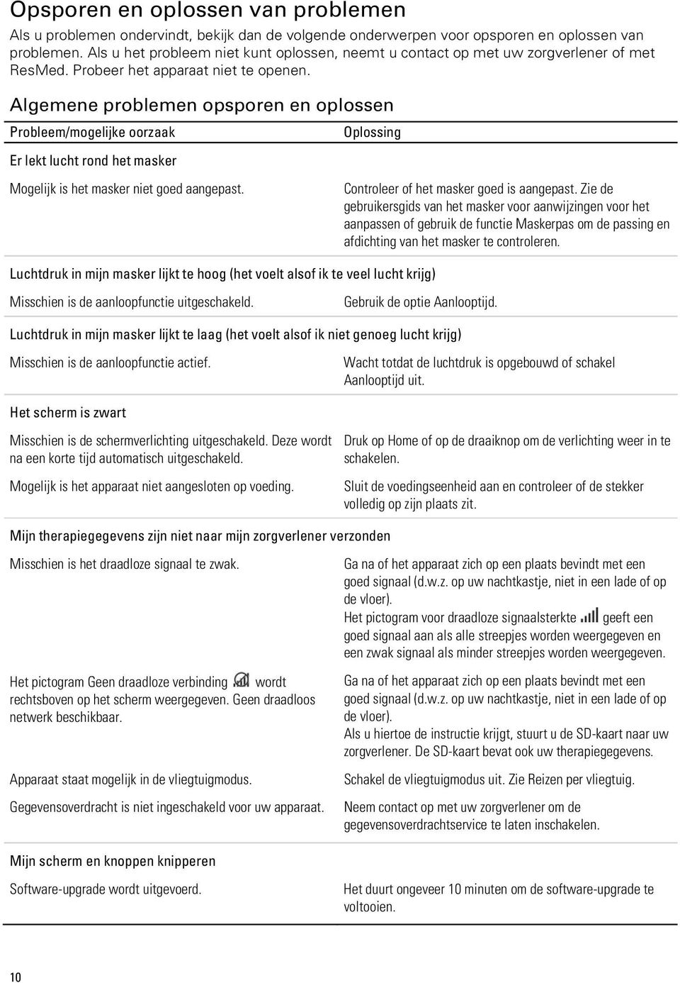 Algemene problemen opsporen en oplossen Probleem/mogelijke oorzaak Er lekt lucht rond het masker Mogelijk is het masker niet goed aangepast.