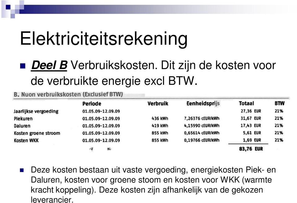 Deze kosten bestaan uit vaste vergoeding, energiekosten Piek- en Daluren,