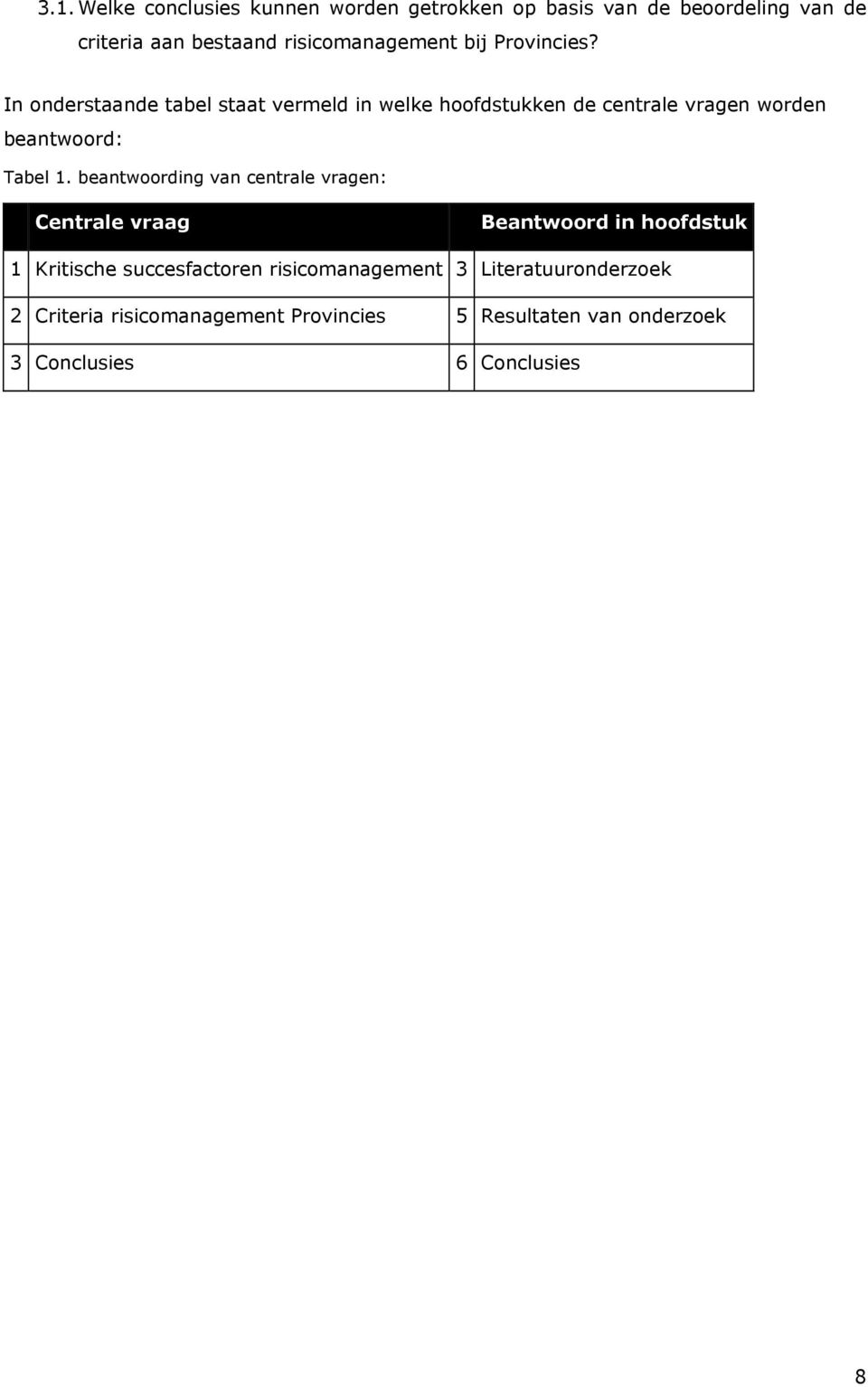 In onderstaande tabel staat vermeld in welke hoofdstukken de centrale vragen worden beantwoord: Tabel 1.