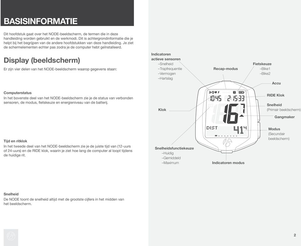 Display (beeldscherm) Er zijn vier delen van het NODE-beeldscherm waarop gegevens staan: Indicatoren actieve sensoren Snelheid Trapfrequentie Vermogen Hartslag Recap-modus Fietskeuze ike1 ike2 Accu